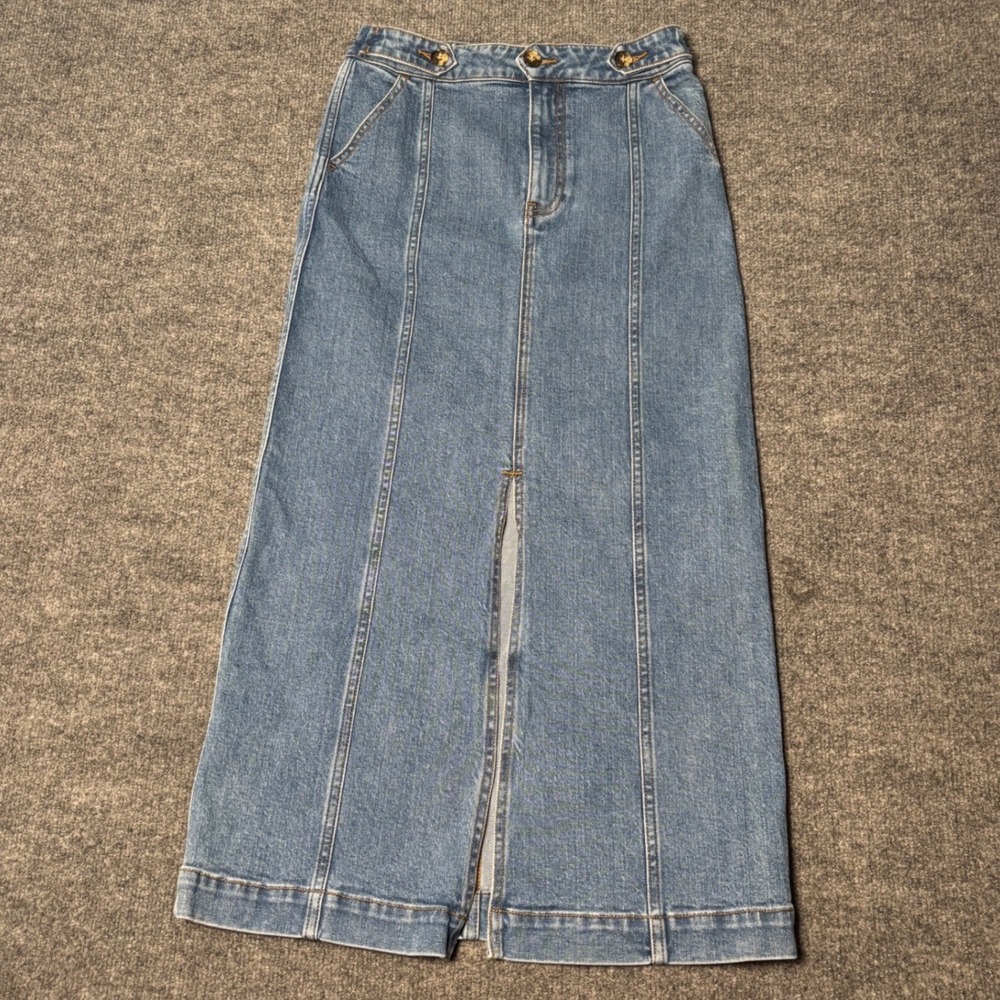 Faherty Denim Maxi Skirt Womens Size Small Blue Front Slit Long High Rise Seamed
